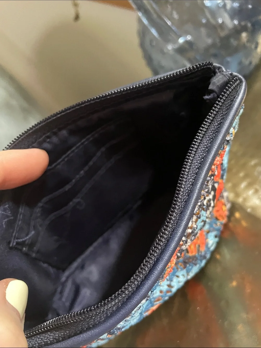 Vera Bradley Navy, Orange & Light Blue Embroidered Wristlet With Wrist Strap